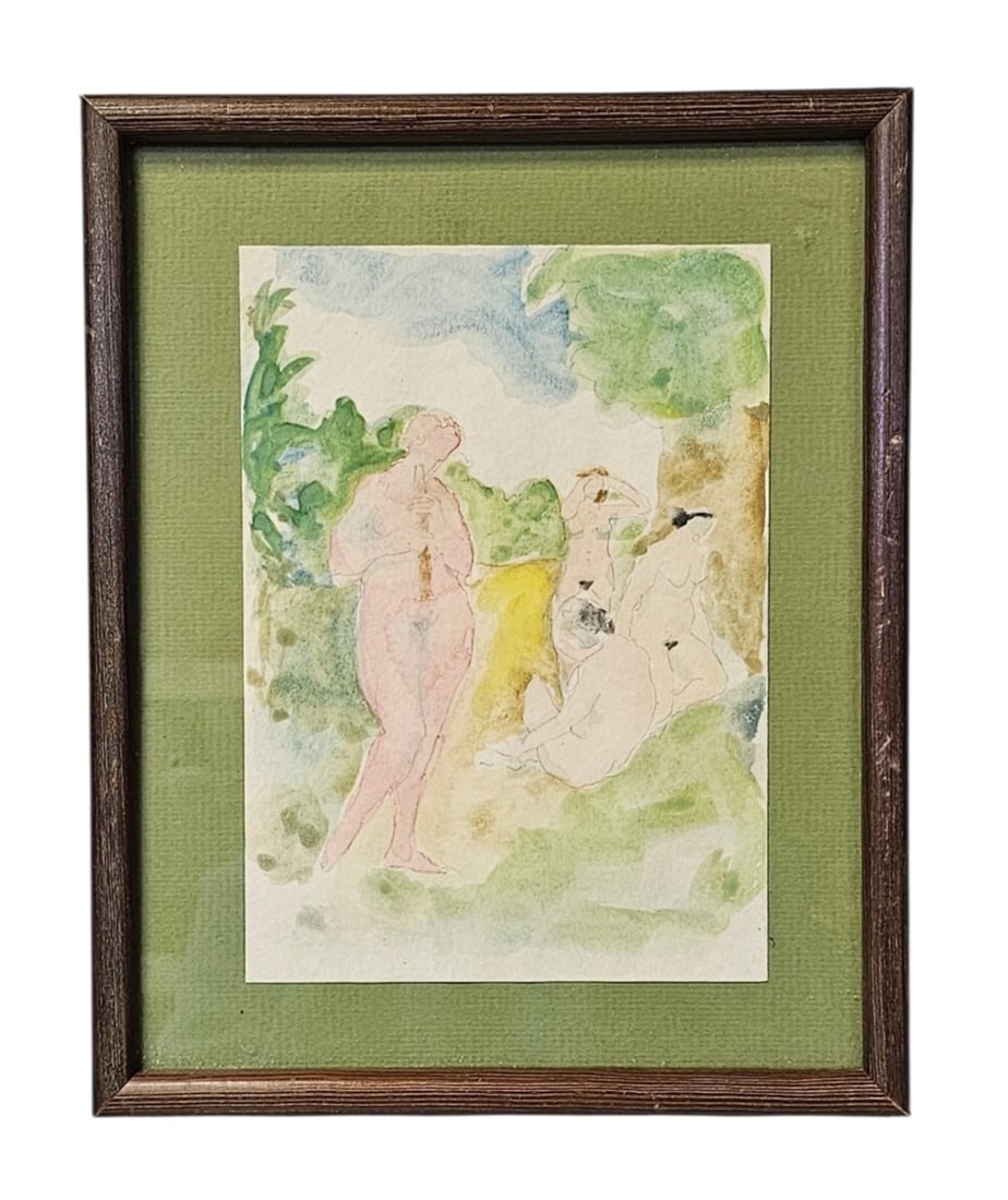 Charles Arnold Girl with a Flute: This modernist watercolor and graphite on paper by Charles E. Arnold depicts three reclining female nudes in a loosely rendered landscape. The figures are defined by soft, translucent washes and gestu