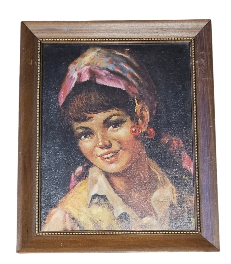 Mid-Century Decorative Portrait Print: A vintage mid-century decorative print on textured board depicting a young woman with a polka-dot headscarf and cherry-shaped earrings. The print features a simulated linen texture and is set within a