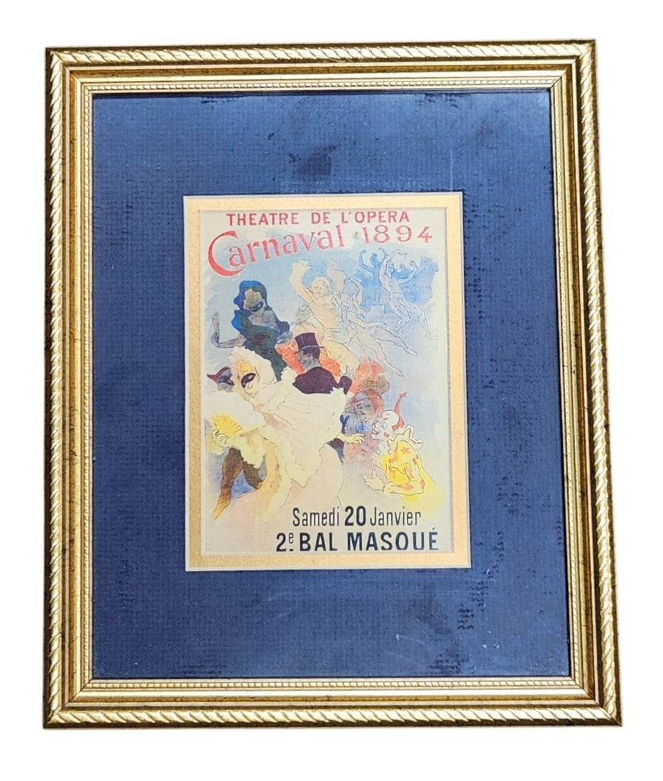 Jules Cheret Framed Carnaval Print: This framed color print features the 1894 Theatre de l'Opera Carnaval poster design by Jules Cheret. Frame: 14 x 11.25 inches. The print and matting are in overall very good condition with no visible 