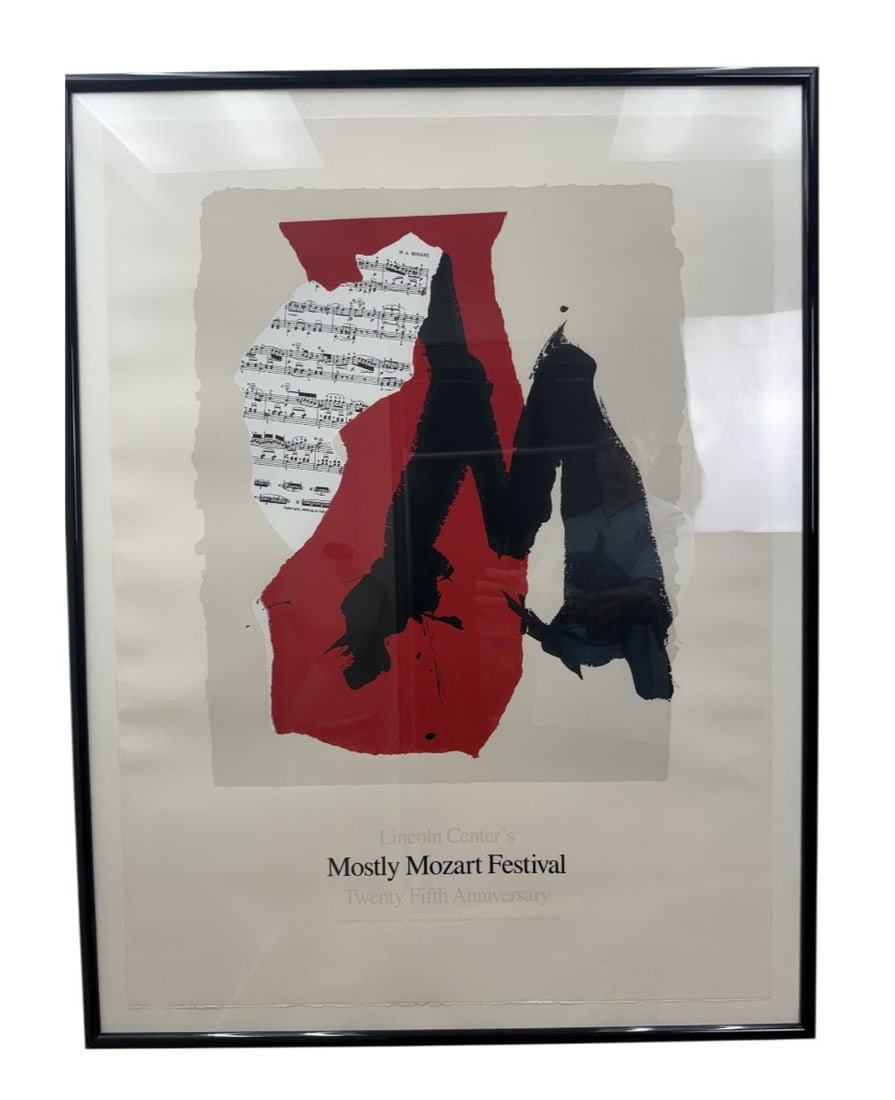 Robert Motherwell Mostly Mozart Festival 25th Anniversary Exhibition Poster: This offset lithographic exhibition poster by Robert Motherwell was published in 1991 to commemorate the twenty-fifth anniversary of the Lincoln Center Mostly Mozart Festival. The composition