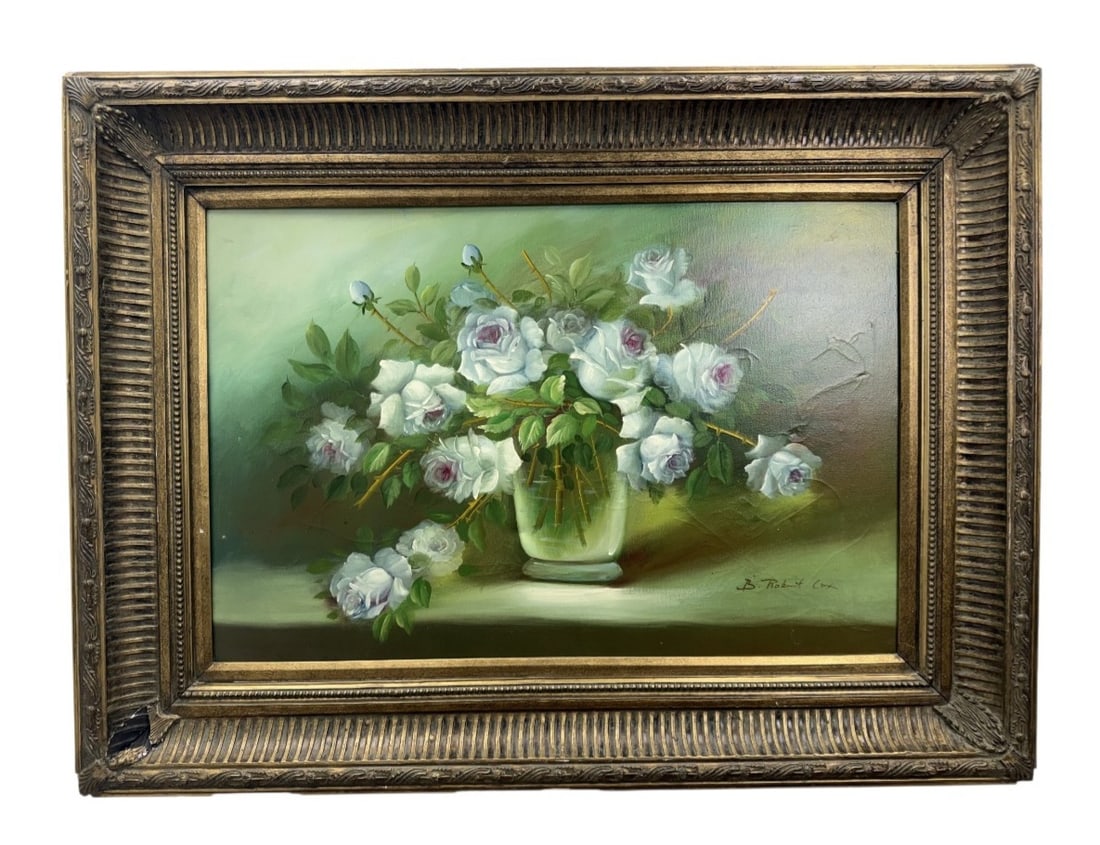Robert Cox, Still Life White Roses Oil on Canvas: This oil painting on canvas is the work of Robert Cox (American, 1934-2001), a prolific painter known for his floral still life compositions. The painting is signed in the lower right B. Robert Cox