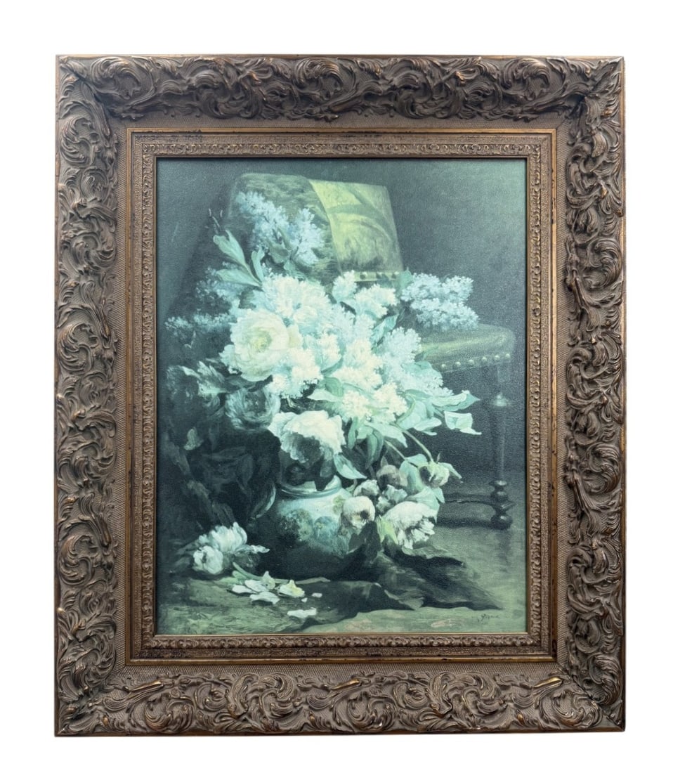 Peonies and Lilacs Signed Lithograph: This artwork is a textured offset lithograph on board depicting a floral still life arrangement. The composition features a full bouquet of white peonies and lilacs in a decorated ceramic vase set