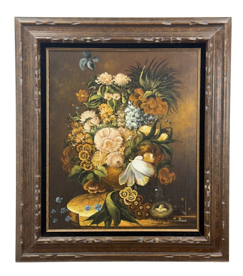 Harmon Floral Still Life with Bird's Nest Oil on Canvas: This 20th-century oil on canvas painting, signed Harmon in the lower right corner, depicts a lush floral arrangement in the Dutch still life tradition. The reverse of the canvas displays the pencil