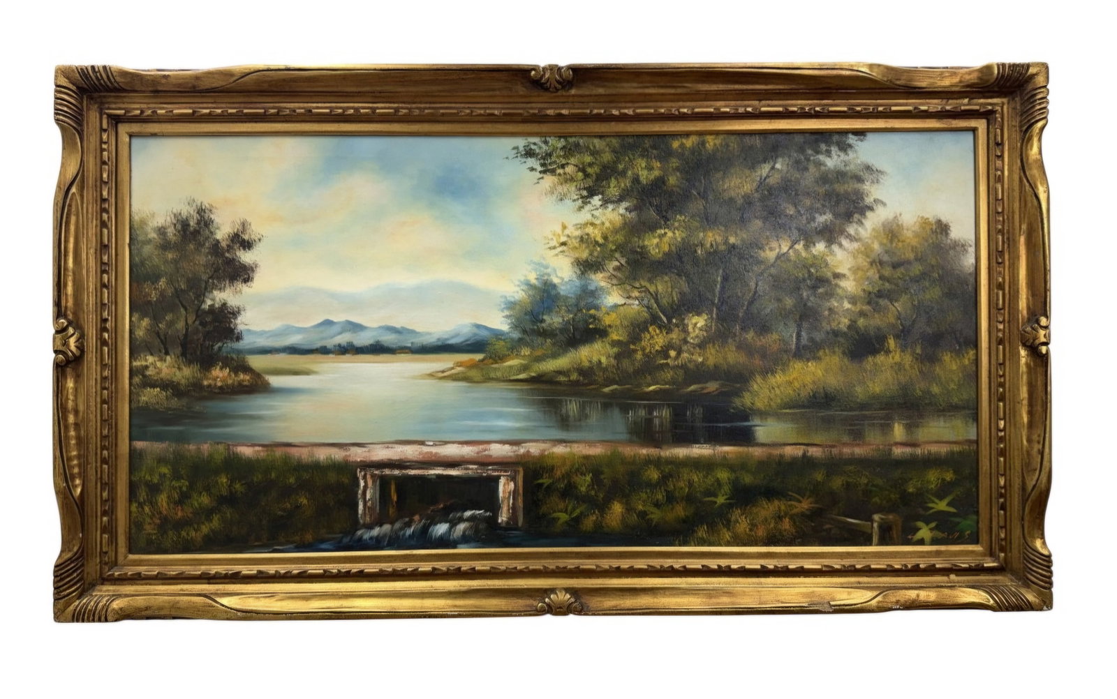 L. J. Davis, River Landscape with Weir, Oil on Canvas: This representational landscape painting is an oil on stretched canvas depicting a calm waterfront scene. The artist signature L. J. DAVIS is located in the lower right corner, rendered in orange-red