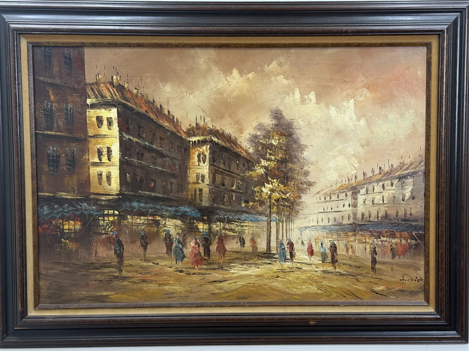H. Dick, Paris Street Scene, Oil on Canvas: This mid-to-late 20th-century oil on canvas painting by an artist signed H. Dick depicts a bustling Parisian street scene in an impressionistic style. The artist utilizes rapid brushwork and