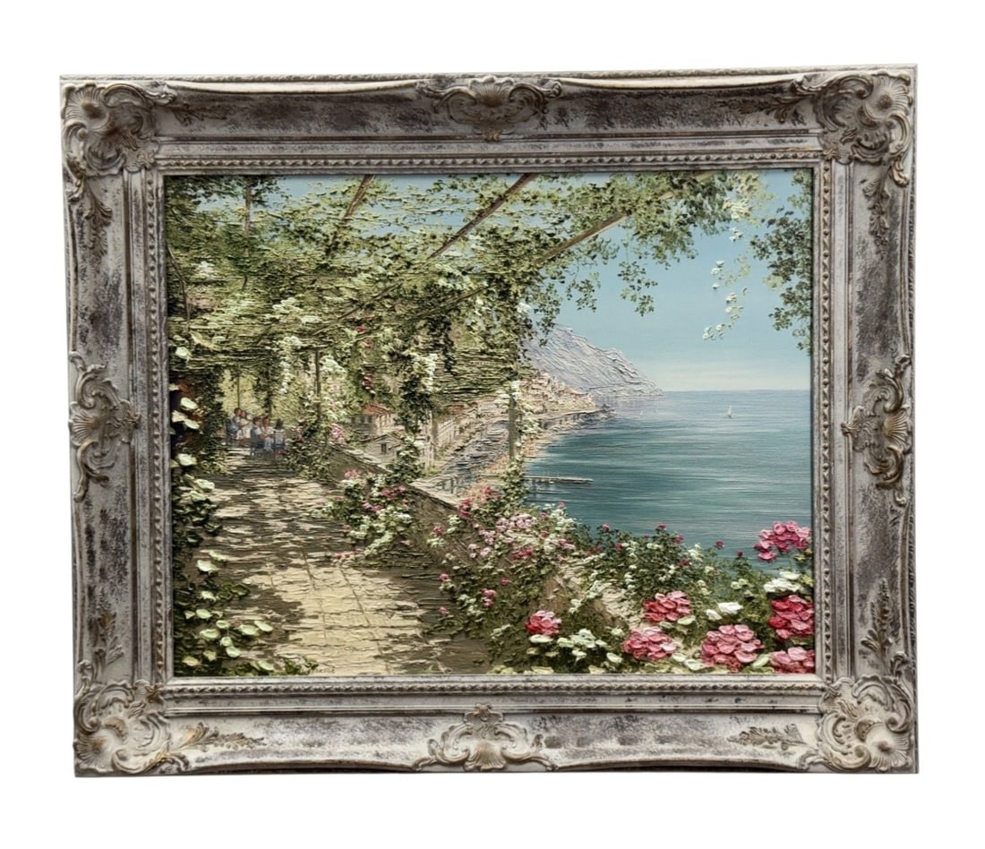 Liliana Frasca Amalfi Hand Enhanced Limited Edition Reproduction: This textured reproduction on canvas, titled Amalfi, is by artist Liliana Frasca (American/Italian, b. 1932). The work is part of the Brushstrokes Collection produced by Atelier America Inc. in 1998.