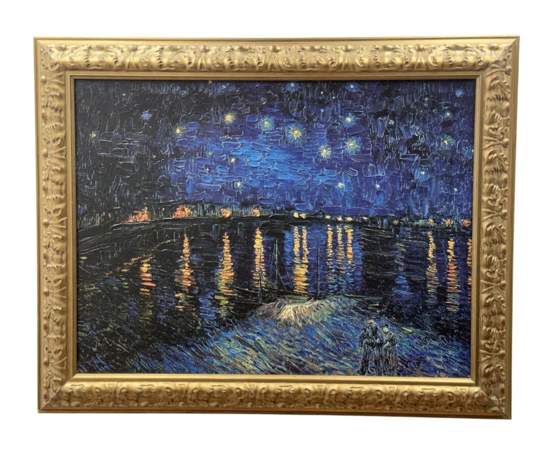 Van Gogh Starlight over the Rhone Brushstrokes Reproduction: A limited edition, artist-enhanced textured reproduction of Vincent Van Gogh's Starry Night Over the Rhone, titled on the labels as Starlight over the Rhone. Produced by Brushstrokes Fine Art Inc. in
