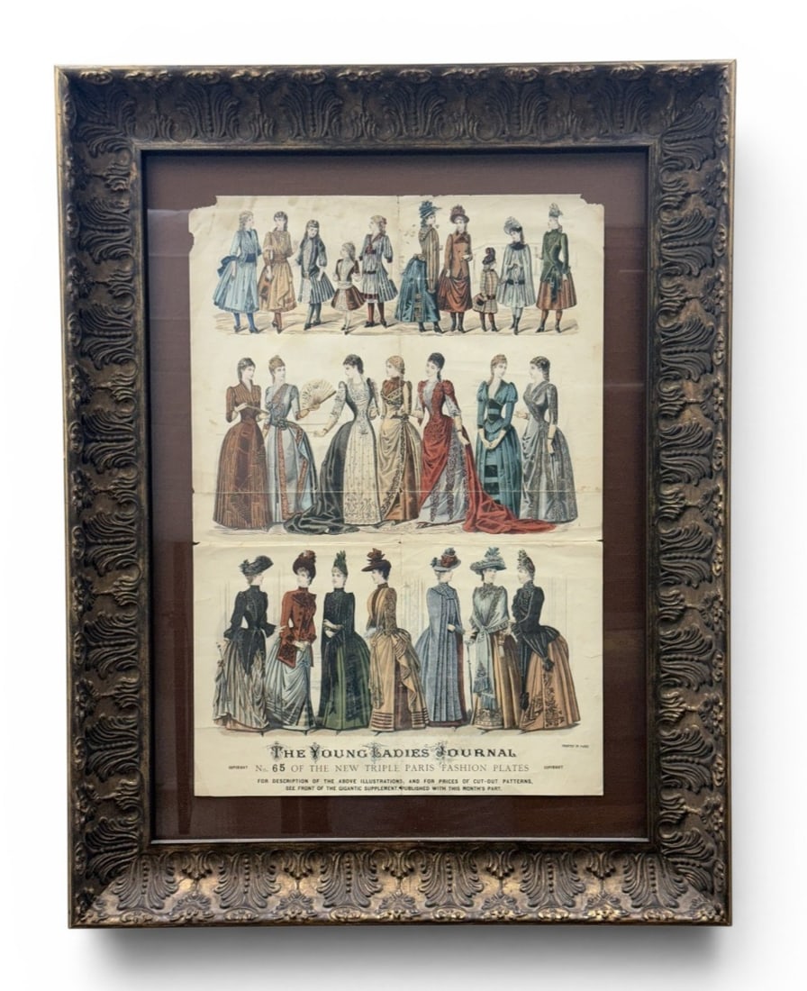 Young Ladies Journal Fashion Plate Chromolithograph: This late 19th-century chromolithograph is an original fashion supplement titled THE YOUNG LADIES JOURNAL No. 65 OF THE NEW TRIPLE PARIS FASHION PLATES. The bottom margin features the publication