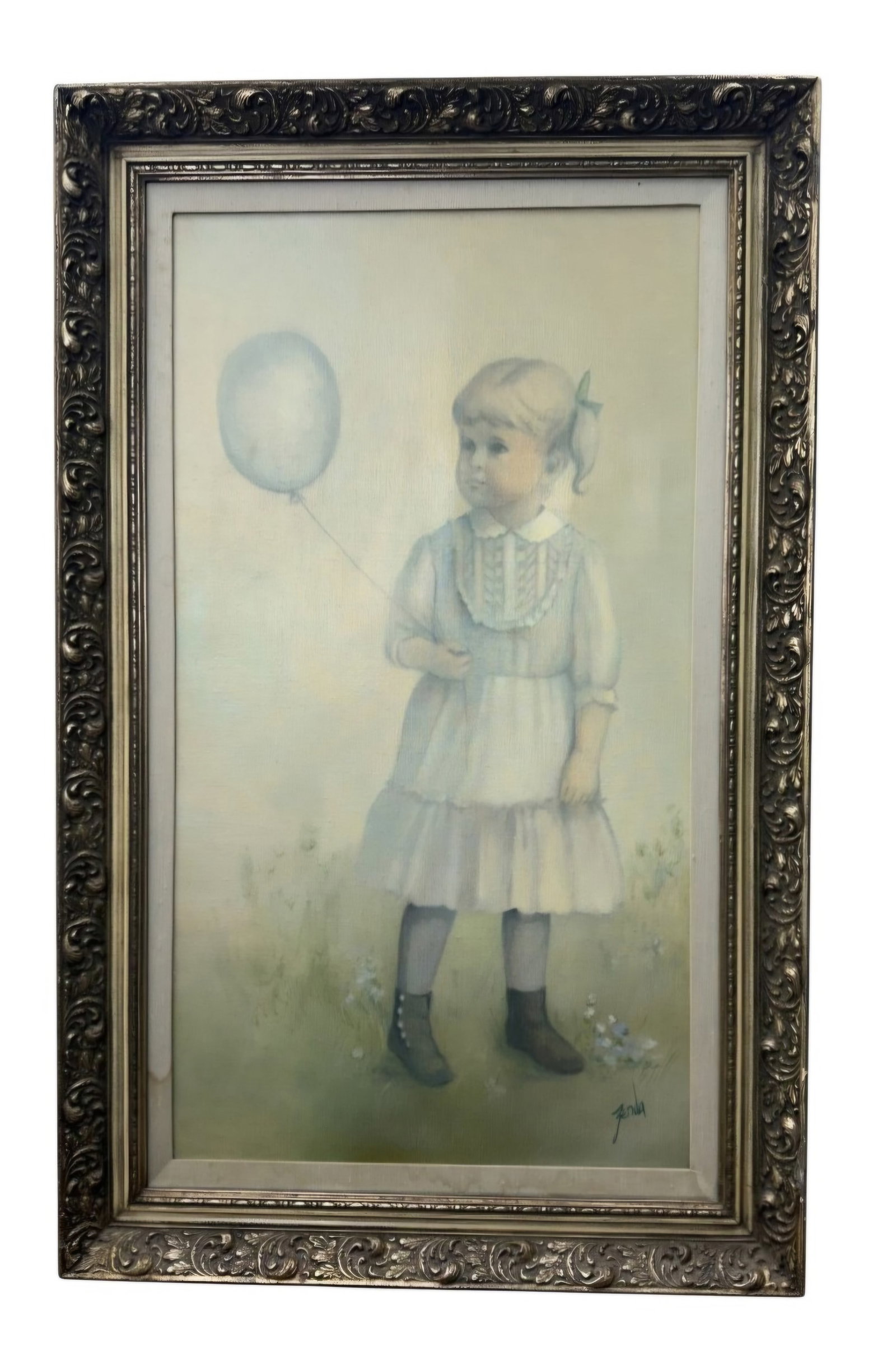 Pat Zenda Portrait of a Young Girl Oil on Canvas: This mid-to-late 20th-century oil on canvas painting by Wisconsin artist Pat Zenda depicts a young girl in a nostalgic outdoor setting. The canvas is signed zenda in cursive script at the lower