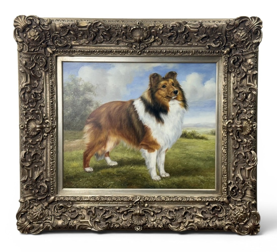 Caton Shetland Sheepdog Oil on Canvas: This oil on canvas painting, signed Caton, depicts a Shetland Sheepdog standing in profile within a traditional pastoral landscape. The signature Caton appears in red lettering at the lower right.