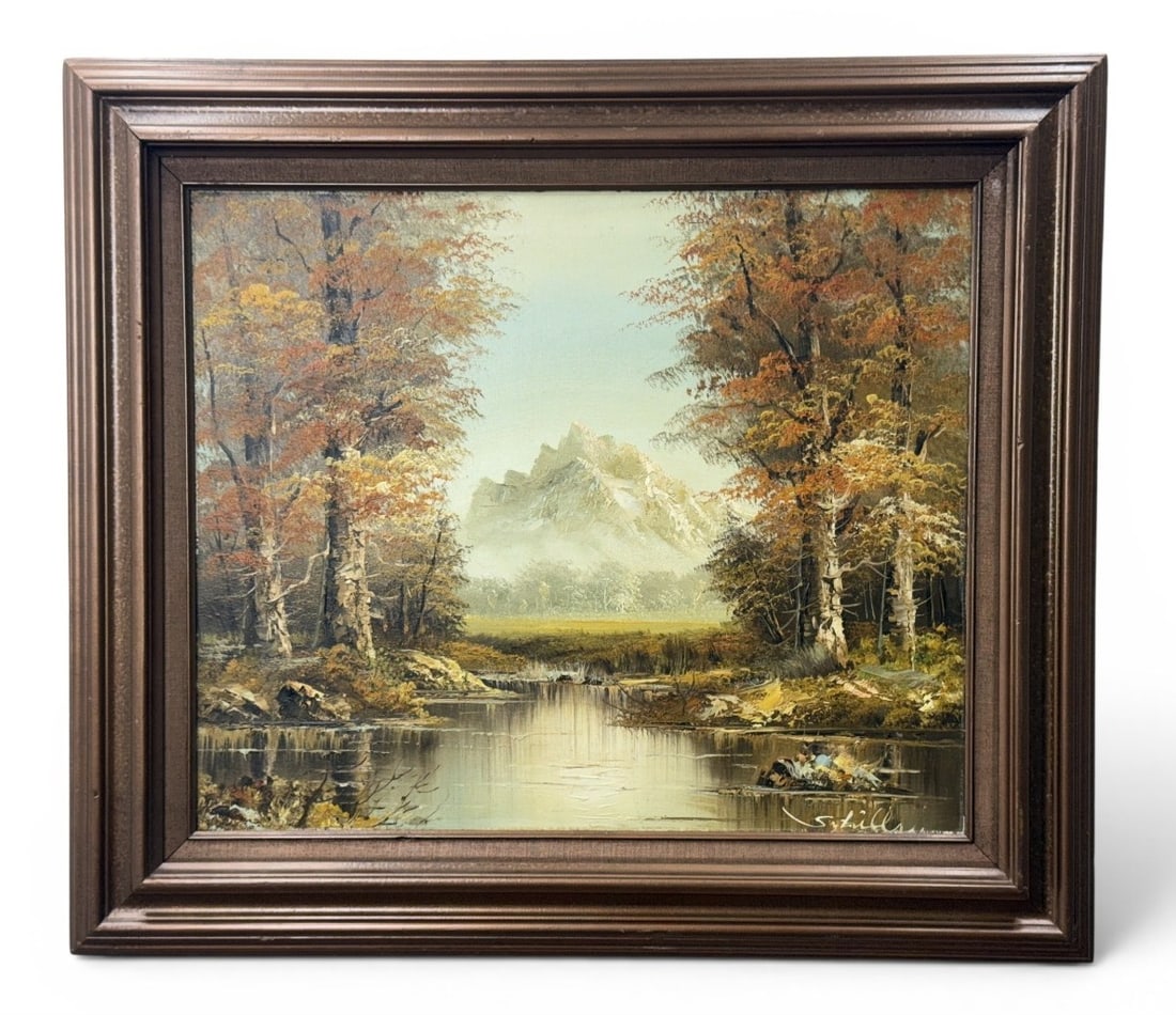 Original Oil on Canvas Mountain Landscape: This original oil on canvas painting, signed S. Hill or Hills in the lower right corner, depicts an expansive autumnal mountain landscape. The artist utilizes a representational mid-to-late 20th-centu