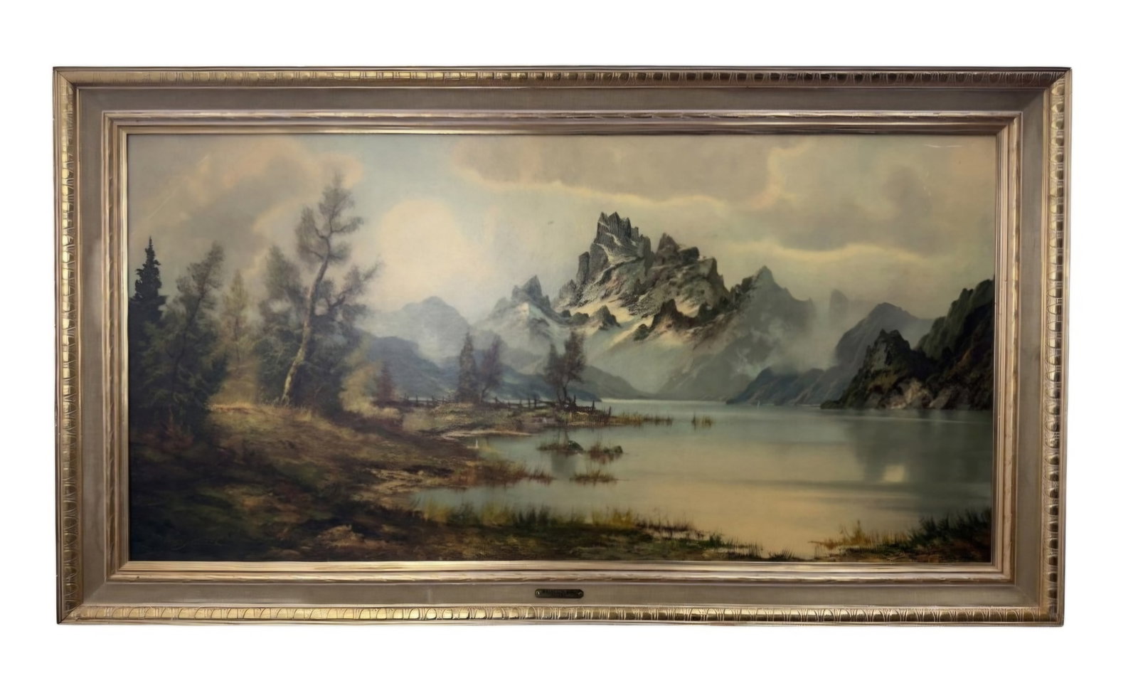 Mountain Mist Large Textured Print on Board: This vintage decorative landscape, titled Mountain Mist, is a large-scale textured print on board produced by the Turner Manufacturing Company of Chicago. The work is signed Wijmer in the lower-left c