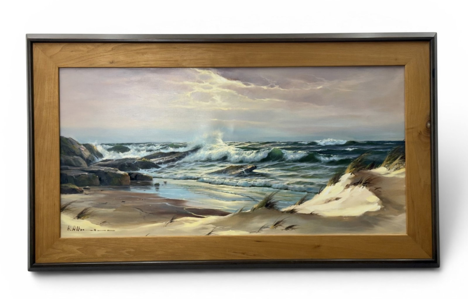 Horst Alter Sea Coast Large Oil on Canvas Seascape: This large original oil on stretched canvas painting, titled Sea Coast, is by German landscape and marine artist Horst Alter. The verso retains two original labels from The W. T. Burger Co. One label 