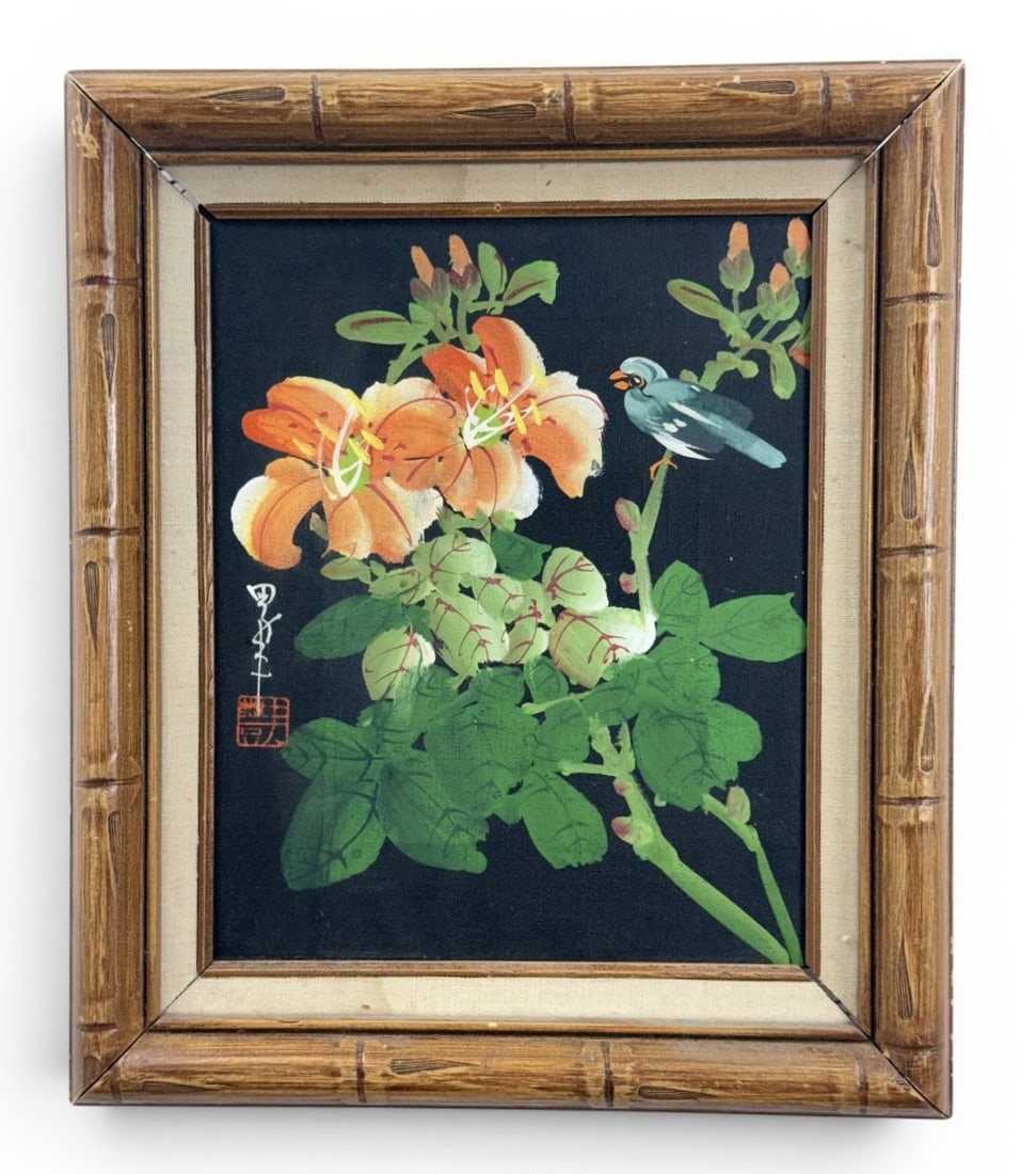 Japanese Style Oil on Canvas Bird & Lilies: This framed oil on canvas painting depicts two orange lilies and a blue bird perched on a branch, set against a solid black background. The lower left corner features a vertical calligraphic signature