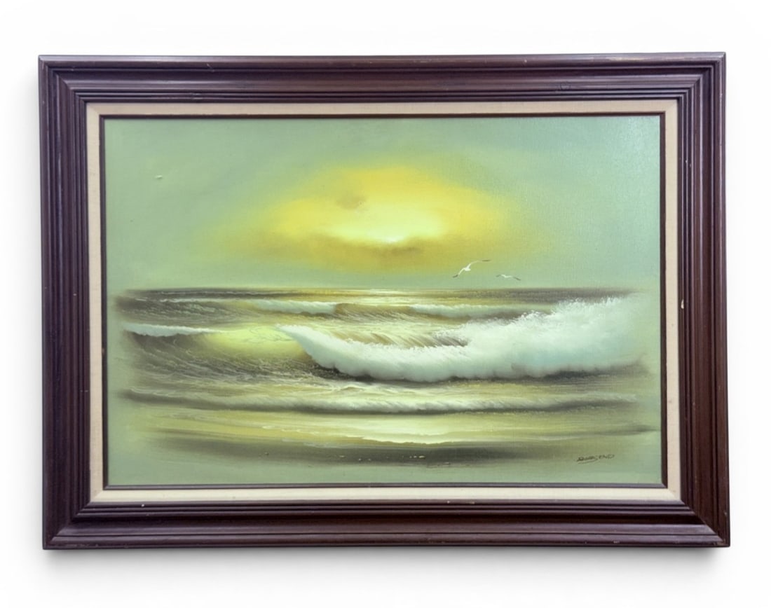 Oil on Canvas Seascape Signed Robsend: A large original oil painting on canvas depicting a coastal seascape at sunset. The composition features rhythmic breaking waves in the foreground and two seagulls in flight against a diffused yellow 