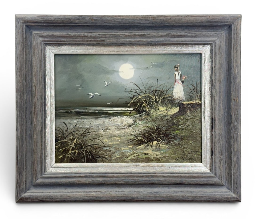W. Mercer Coastal Nocturne Oil on Canvas: A framed oil on canvas painting signed W. Mercer in the lower right corner. The work depicts a coastal nocturne featuring a young girl in a white dress standing on a grassy dune overlooking the ocean 