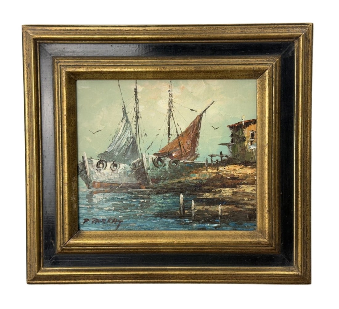 Paolo Stirrat Harbor Scene Mid Century Oil on Canvas: This original oil painting on canvas is signed P. Stirrat in the lower left corner. The artwork is housed in a substantial, ornate wood frame with a stepped profile, finished in black lacquer and gild