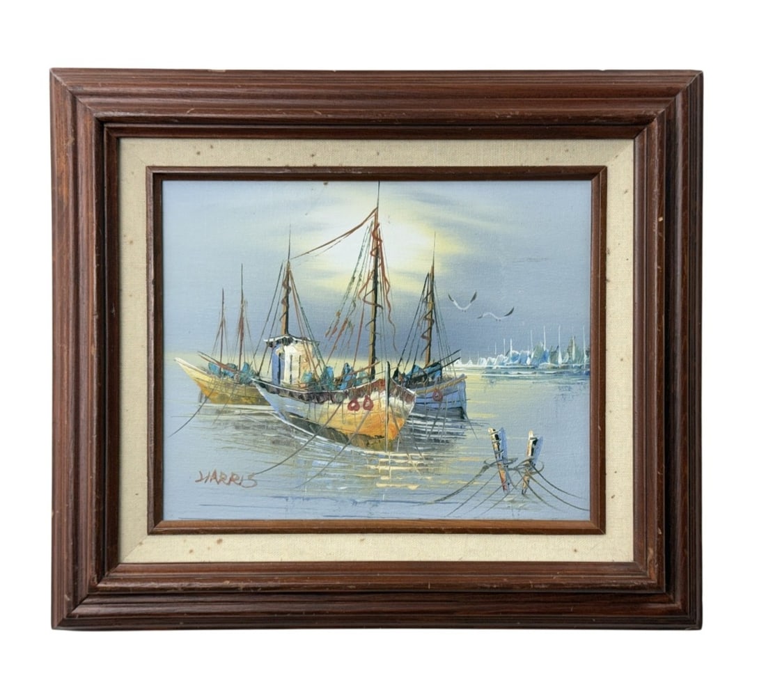 Harbor Scene with Fishing Boats Signed Harris (1 of 9)