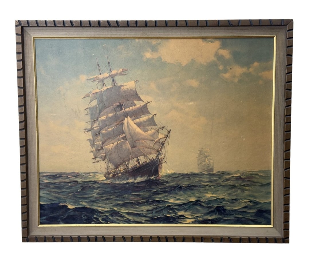 Frank Vining Smith Two Clipper Ships Under Full Sail: This maritime artwork is a vintage print on board by the American marine artist Frank Vining Smith. It is presented in a carved wooden frame with a notched outer border and a wide fabric-textured inne