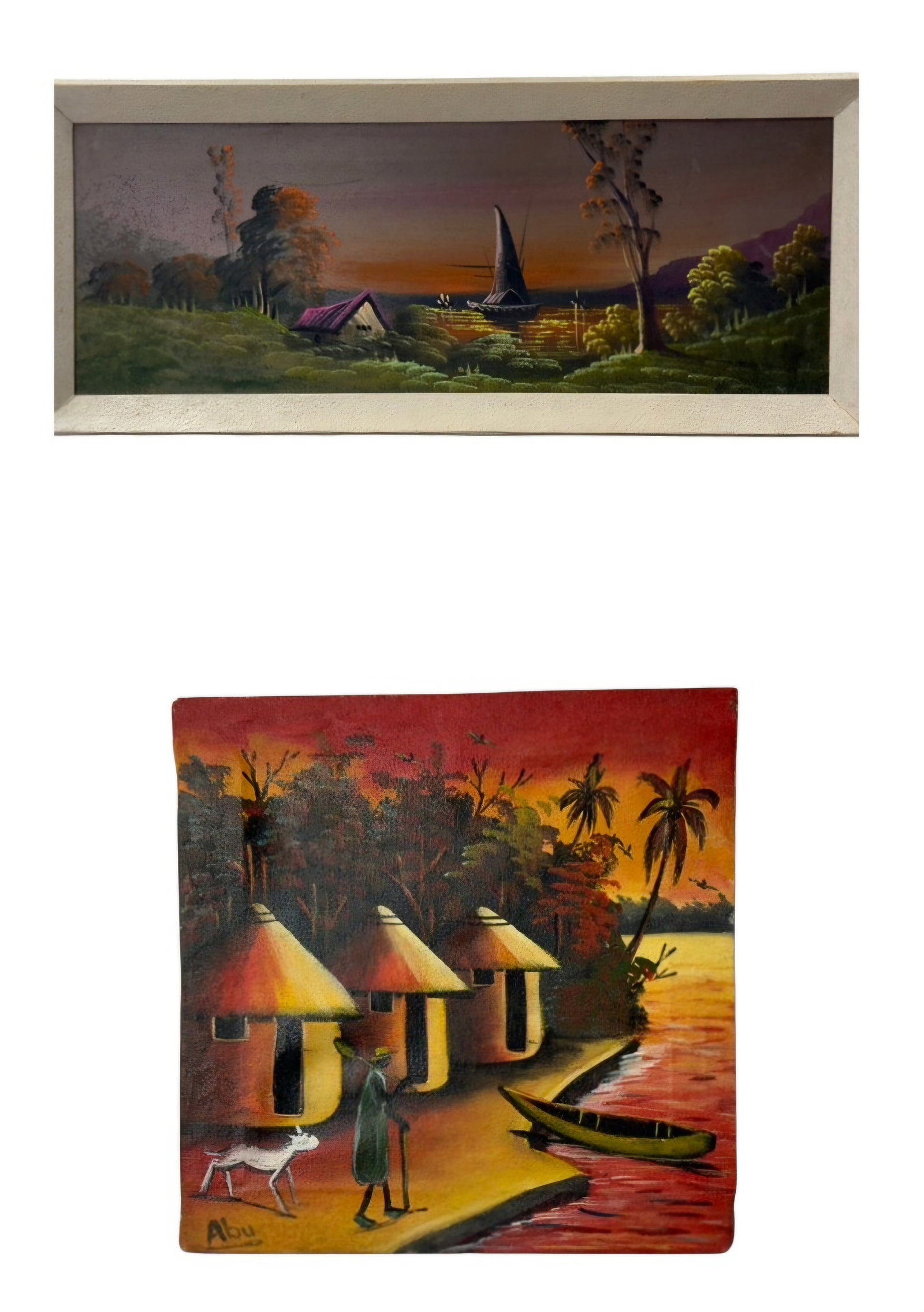 Two Tropical Landscape Paintings: The first work is an oil on canvas depicting a village at sunset. The composition features three circular thatched-roof huts situated along a reddish-gold shoreline. This work is signed Abu in the