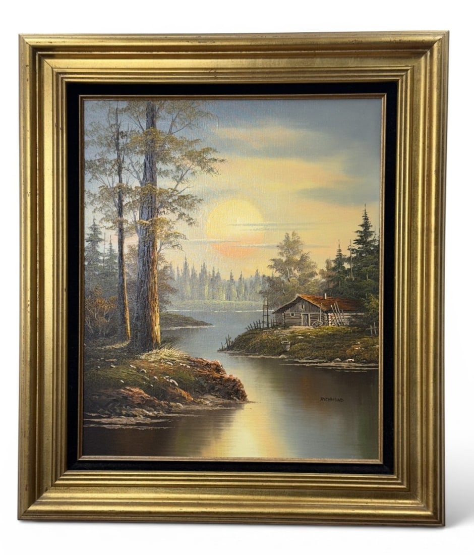Landscape with Log Cabin at Sunset Oil on Canvas: The work is signed RICHMOND in the lower right quadrant. The painting displays heavy impasto brushwork in the foreground rocks and grassy banks, while the sky and distant forest are rendered with