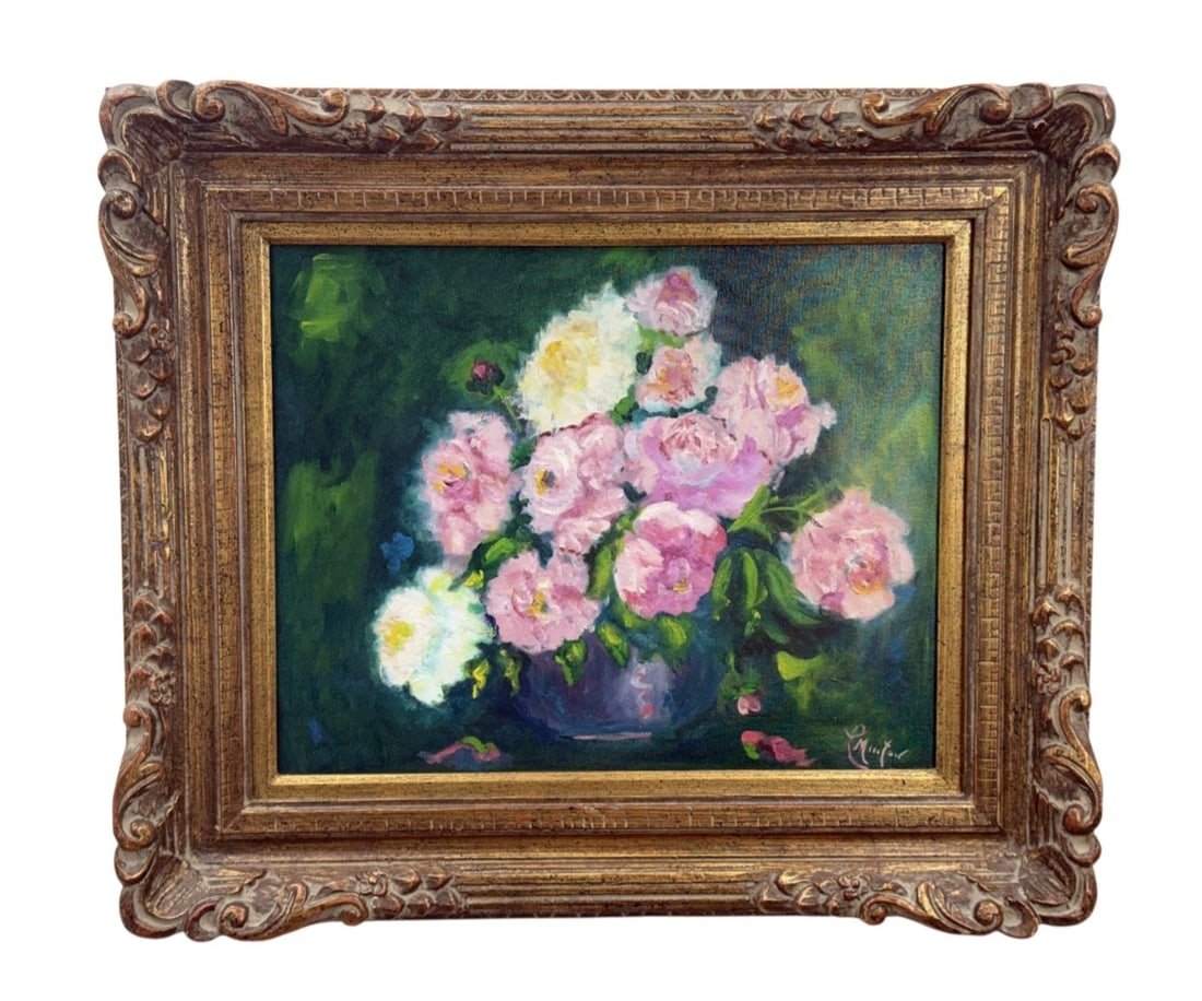 P. Minton Floral Still Life Oil: An impressionistic floral still life by P. Minton executed in oil on canvas. The composition features a lush bouquet of pink and white peonies arranged in a violet vase against a dark green