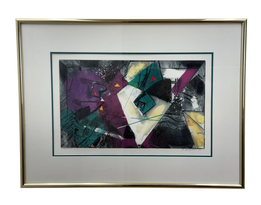 Dimitrov Dreamscape D # 34 Abstract Signed: This abstract print on paper, titled 'Dreamscape D # 34', features a dynamic geometric composition with textured fields of purple, teal, and yellow. The work is signed and dated 'A. Dimitrov '93' in