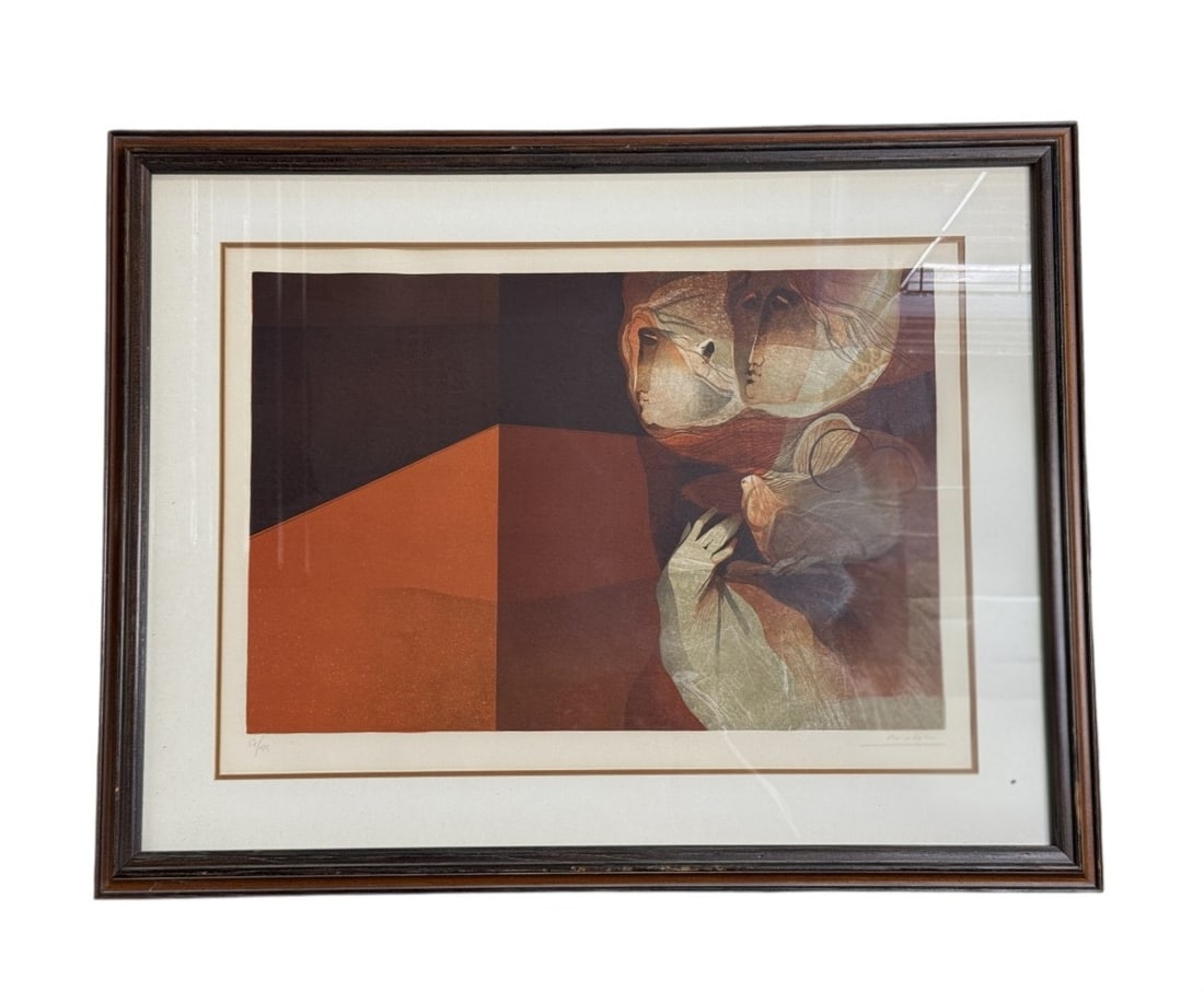 Alvar Sunol Signed Color Lithograph: This signed and numbered color lithograph by Spanish artist Alvar Sunol Munoz-Ramos features a layered composition of stylized profiles and a bird set against geometric blocks. The work is executed in