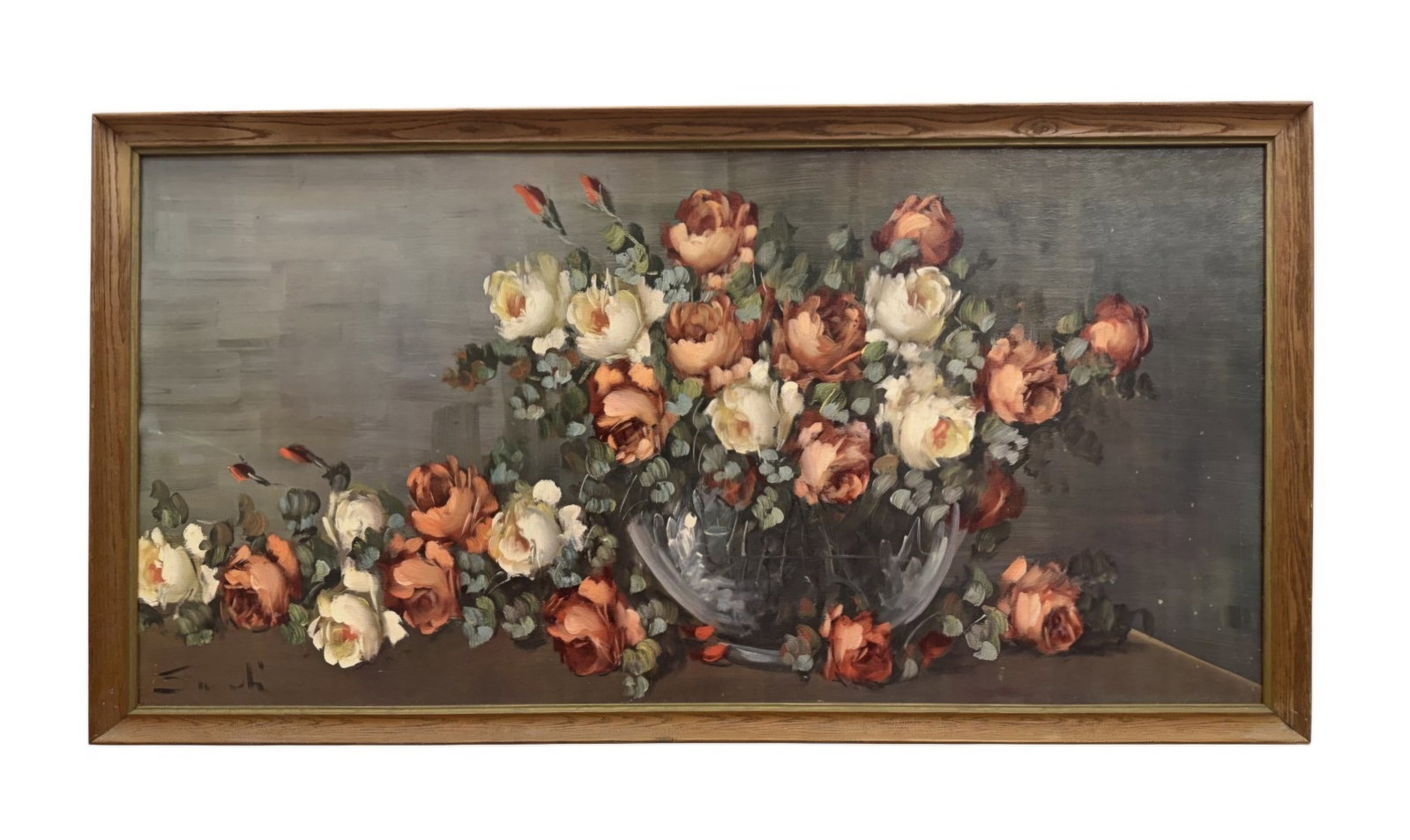 Smith, Large Floral Still Life Oil: This large-scale oil painting on textured board depicts a horizontal arrangement of roses in shades of cream, coral, and red set within a clear glass vessel. The artist utilizes expressive impasto
