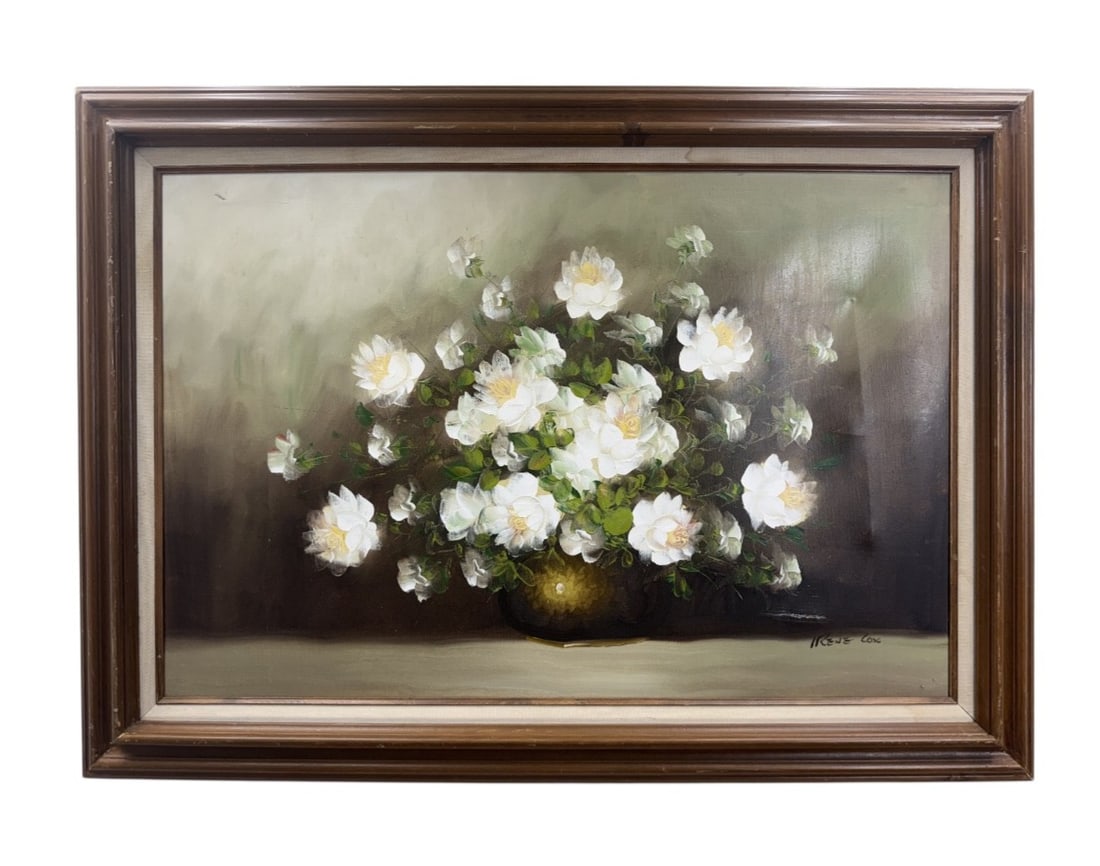 Irene Cox White Floral Still Life: This original oil painting on stretched canvas by Irene Cox depicts a lush arrangement of white blossoms in a dark vase. The artist uses heavy impasto to create textured highlights on the petals,