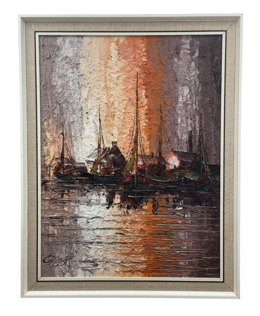 Grange, Harbor Scene Oil on Canvas: This oil on canvas depicts several tall-masted sailing vessels in a harbor at sunrise or sunset. The artist utilizes heavy impasto to create a highly textured surface, with the signature Grange