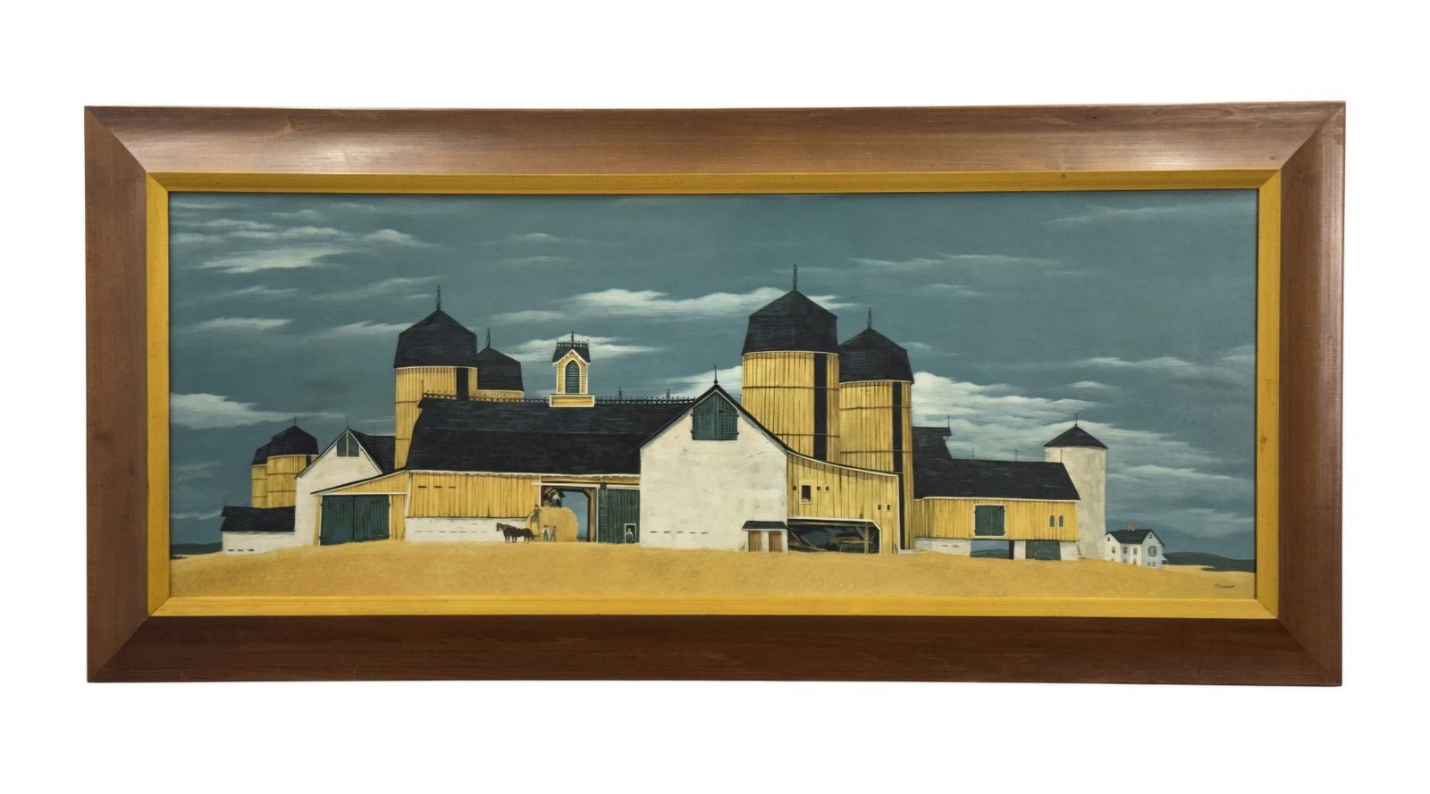 John Potter Wheat (American, 1920-1980) 'September Harvest' (Signed): A gouache on board landscape depicting a sprawling farmstead with distinctive yellow-clad barns and dark-capped silos. The composition features a central hay-loading scene with figures and horses