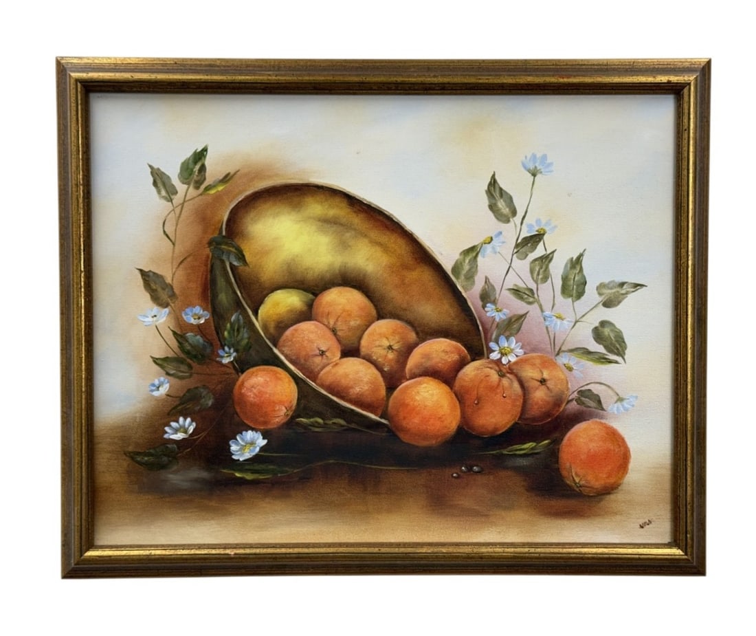 Lila B., Still Life with Oranges: An oil on stretched canvas still life depicting oranges spilling from a golden, shell-shaped vessel, accompanied by sprigs of small blue flowers. The work is signed in the lower right corner Lila B.