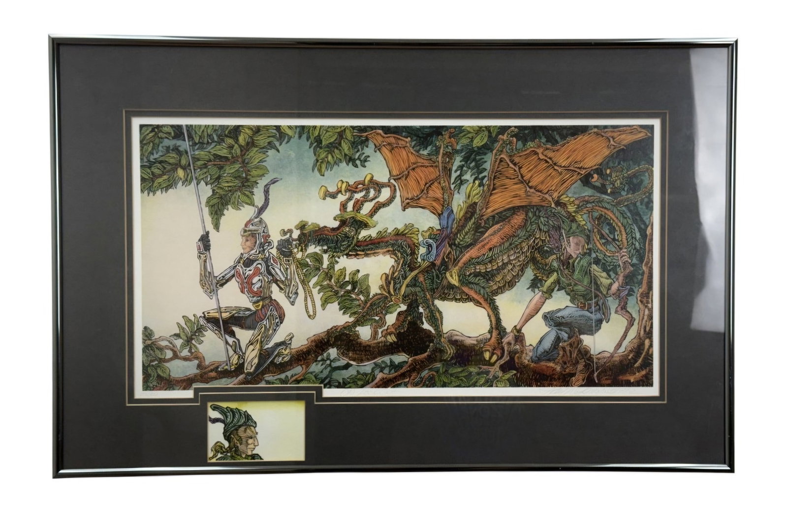 Gary DeLamatre On Lookout Fantasy Lithograph: This offset lithograph by Gary DeLamatre, titled On Lookout, features a detailed fantasy forest scene with a knight, a wood-textured dragon, and an elven archer. The piece is hand-signed, titled, and