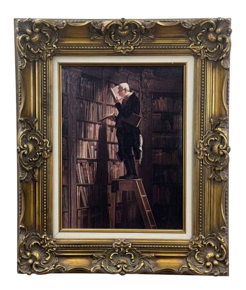 Carl Spitzweg Copy, The Bookworm: This fine art copy of Carl Spitzweg's 1850 painting The Bookworm is a reproduction on heavy canvas with hand-painted highlights. Produced in Italy, the work is housed in a substantial, ornate