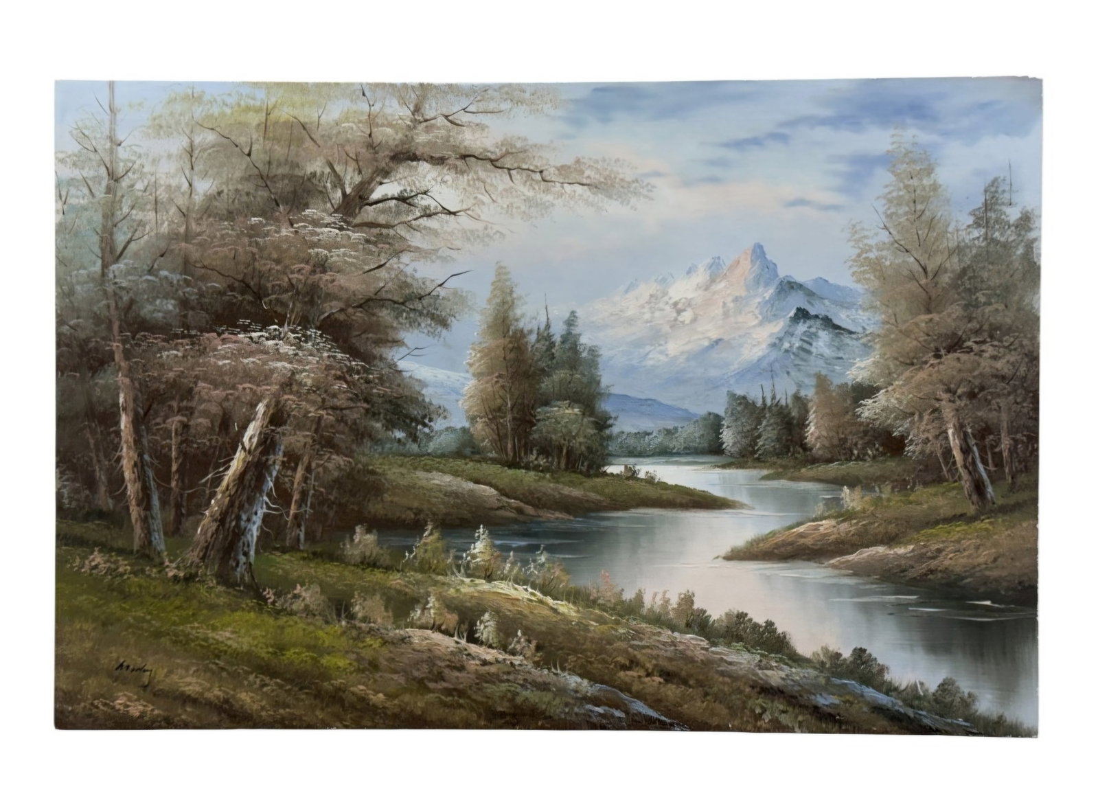 Morley, Mountain River Landscape Oil: This large-scale oil on canvas features a scenic mountain landscape with a winding river and dense woodland. Executed with wet-on-wet techniques and heavy impasto highlights on the central peak, the