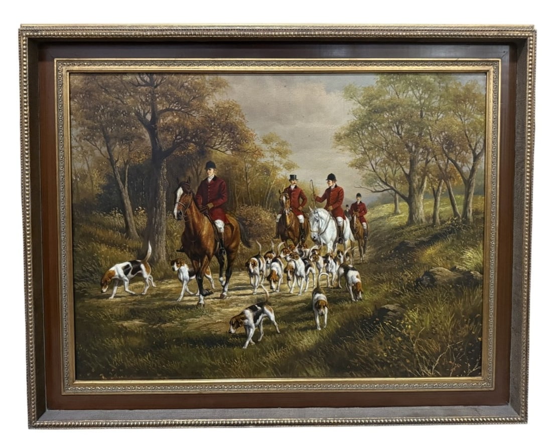 Large English Fox Hunt Oil Painting: A large oil on canvas depicting a traditional English fox hunting scene with riders in scarlet coats leading a pack of hounds through an autumnal landscape. This hand-painted work was produced by Art