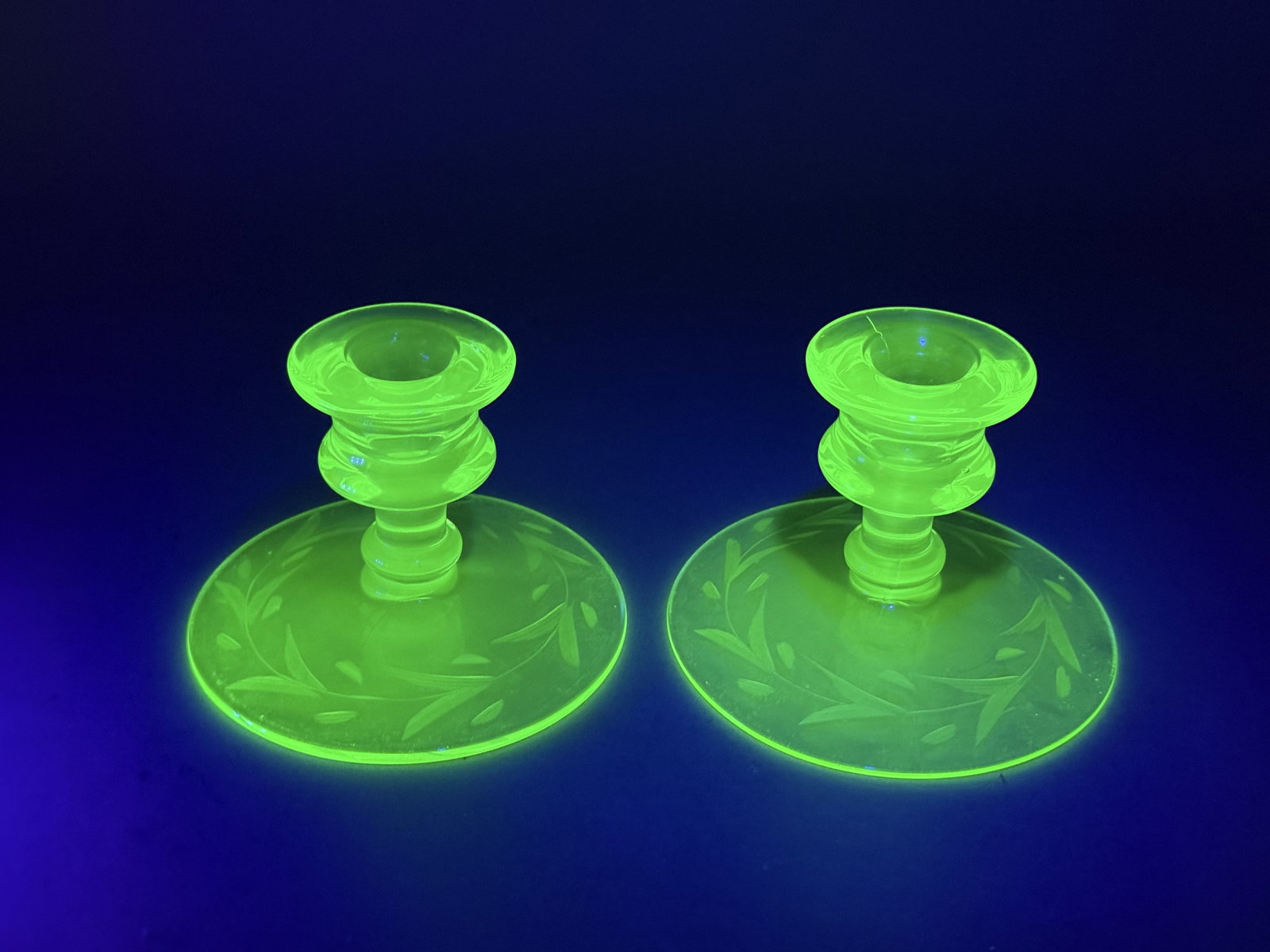 Pair of Etched Uranium Glass Candlesticks (1 of 5)