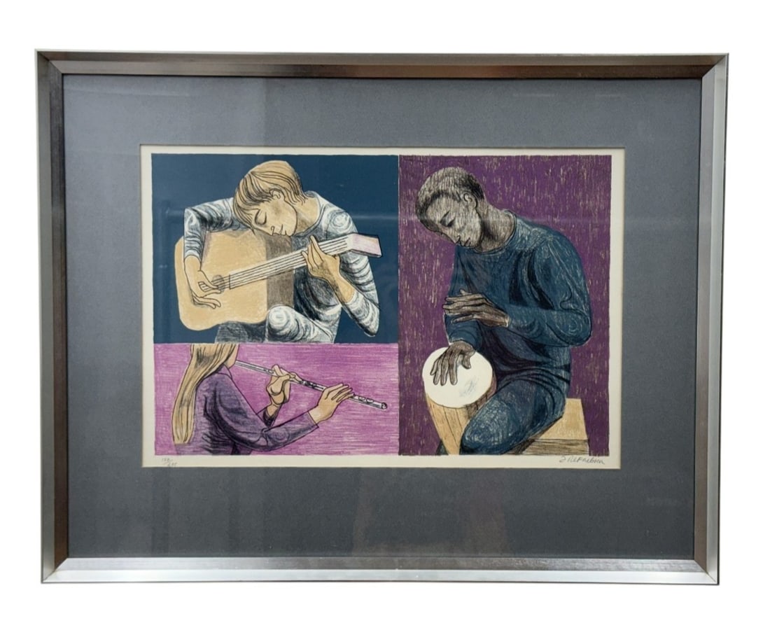 Anton Refregier Trio Color Lithograph: Anton Refregier (American, 1905-1979) Trio color lithograph on paper, depicting three musicians in separate stylized panels. The work is hand-signed in pencil to the lower right and numbered 158/275 t