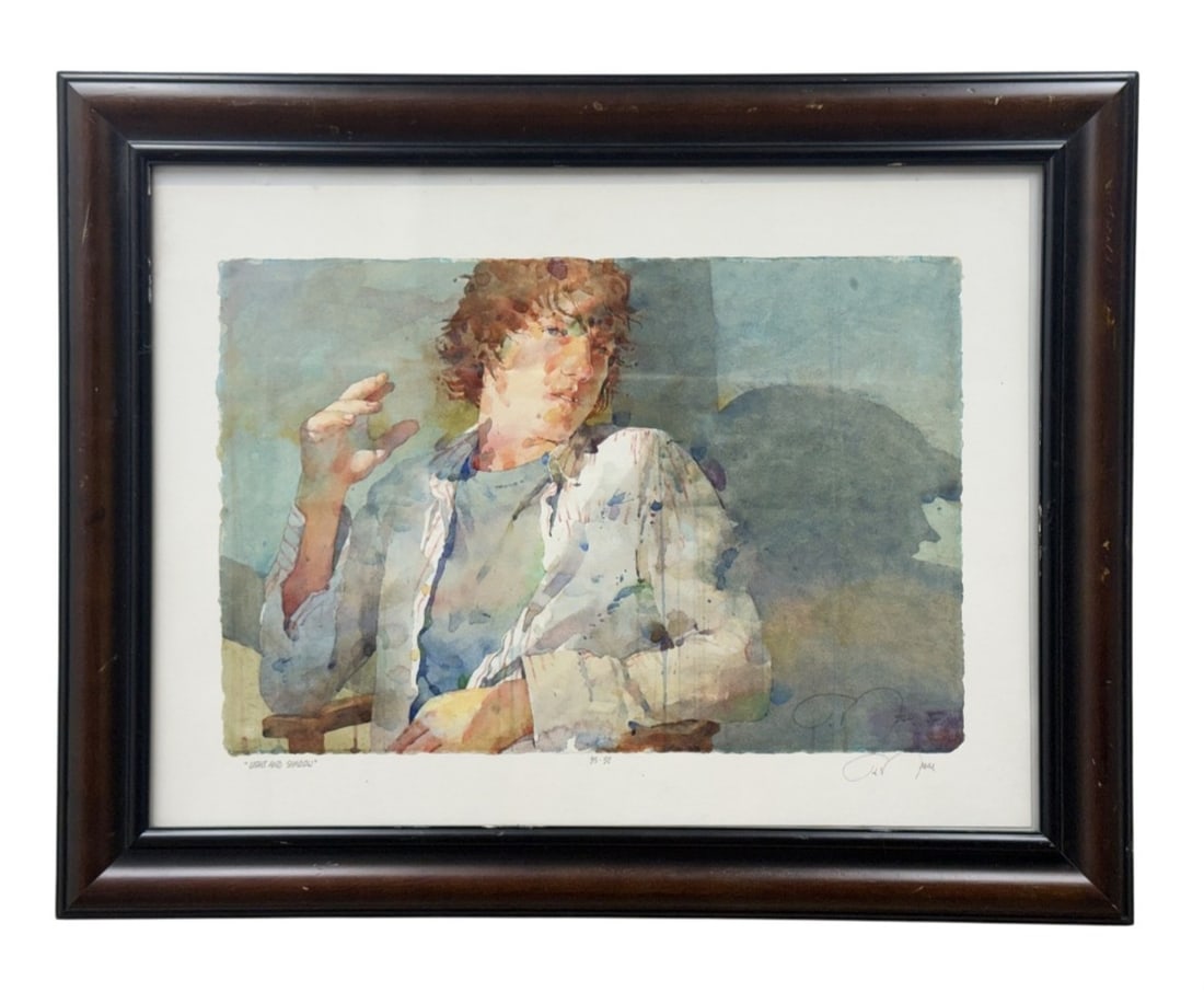 Ted Nuttall Light and Shadow Watercolor: This expressive watercolor on deckled-edge paper by Ted Nuttall (American, b. 1945) depicts a seated figure in a relaxed pose. The work features characteristic wet-on-wet technique with layered