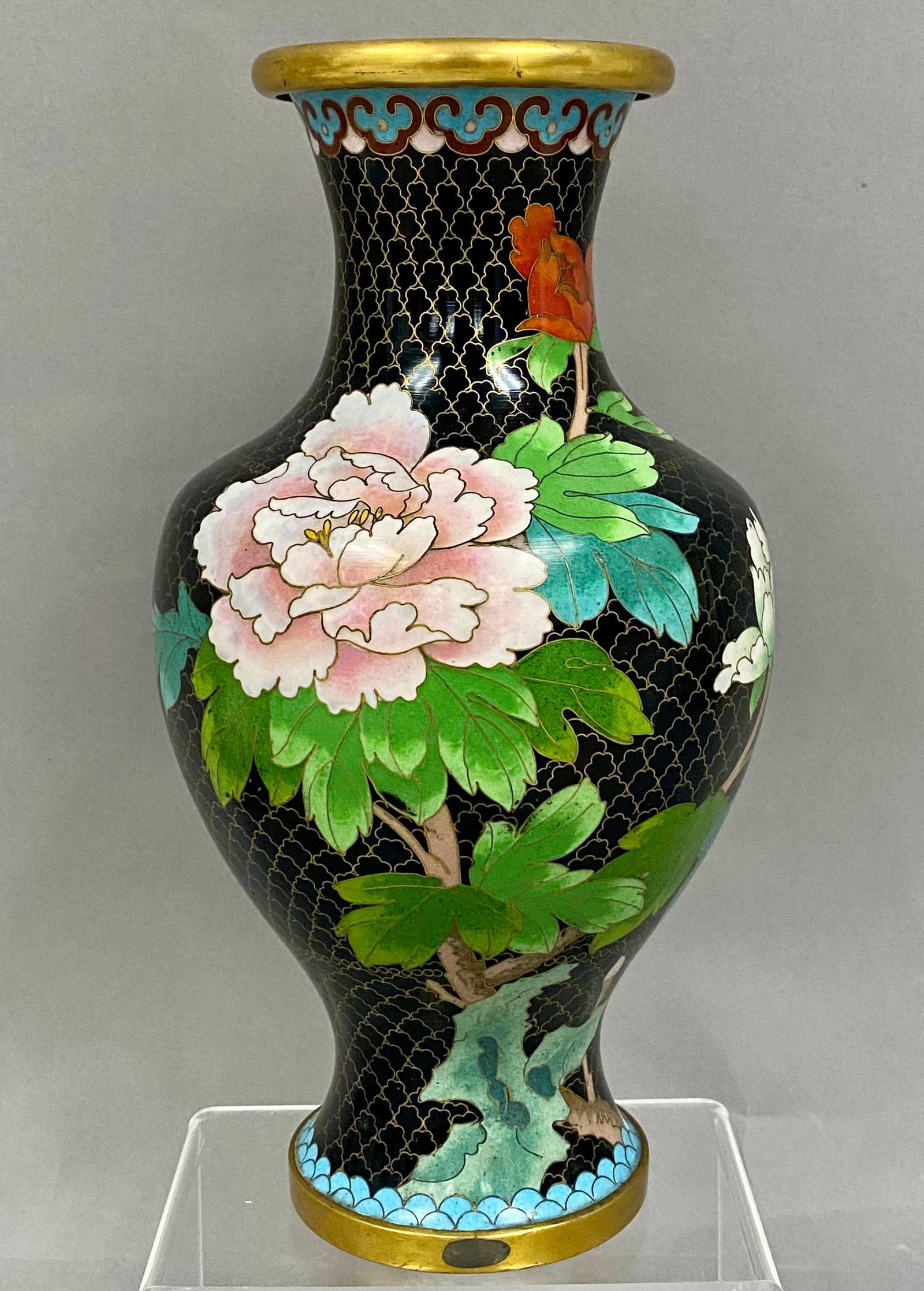 Vintage Chinese Cloisonne Enamel Vase: Features hand-decorated floral and bird motifs on a rich black ground that include large pink peonies, white blossoms, vibrant green foliage, and blue birds, accented with colorful enamel-style border