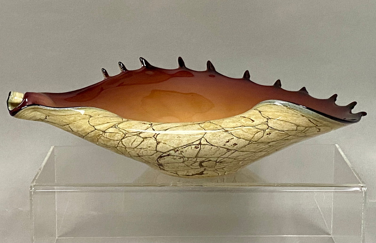 Jozefina Glassworks Hand-Blown Console Bowl: Circa 1980s Measures 13" long x 9 1/2" wide x 3 1/2" Tall . Though unsigned, the Krosno, Poland maker is easily identified by the distinct "jellyfish" or crackled-stone surface pattern on the