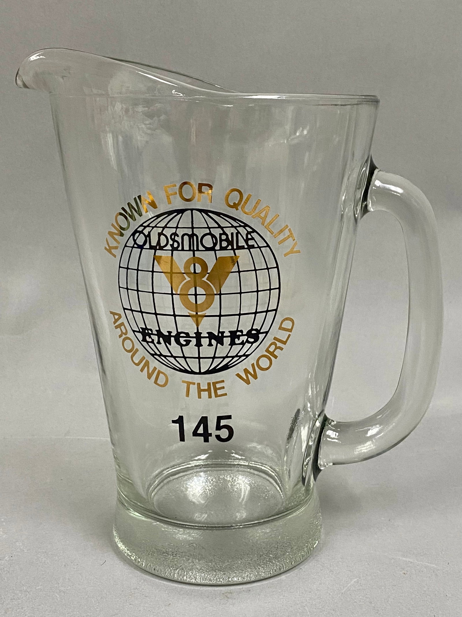 Vintage Oldsmobile V8 Engines Glass Presentation Pitcher: This is a great piece of mid-century automotive advertising memorabilia. It celebrates the golden era of Oldsmobile engineering. Typically, these were produced in the 1950s to early 1960s coinciding