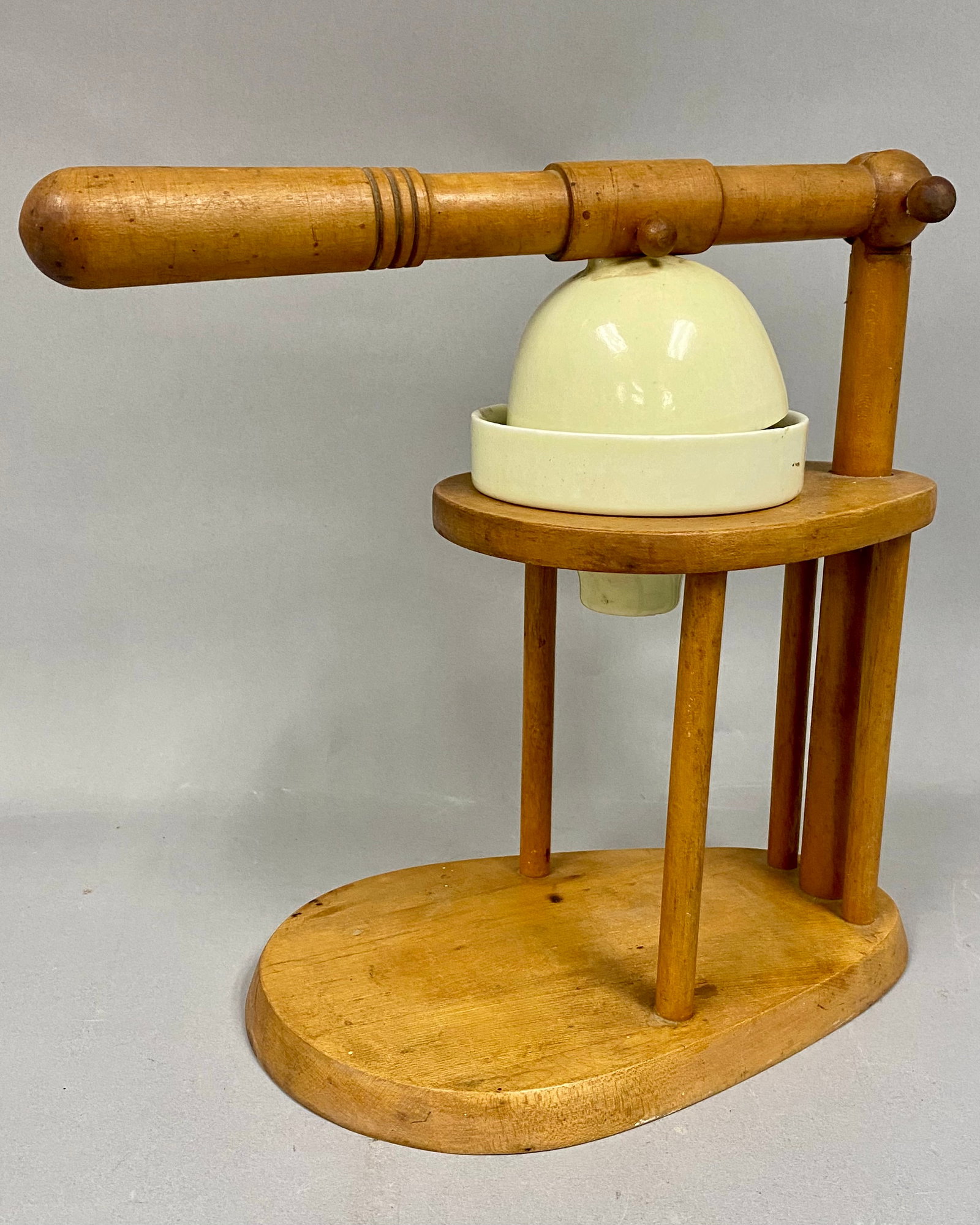 Wooden & Ceramic Citrus Press c. 1880-1920: A rare find. Antique lever-operated fruit press featuring a hardwood frame and glazed ceramic pressing cone with matching juice collection basin/ funnel. Designed for extracting juice from lemons,