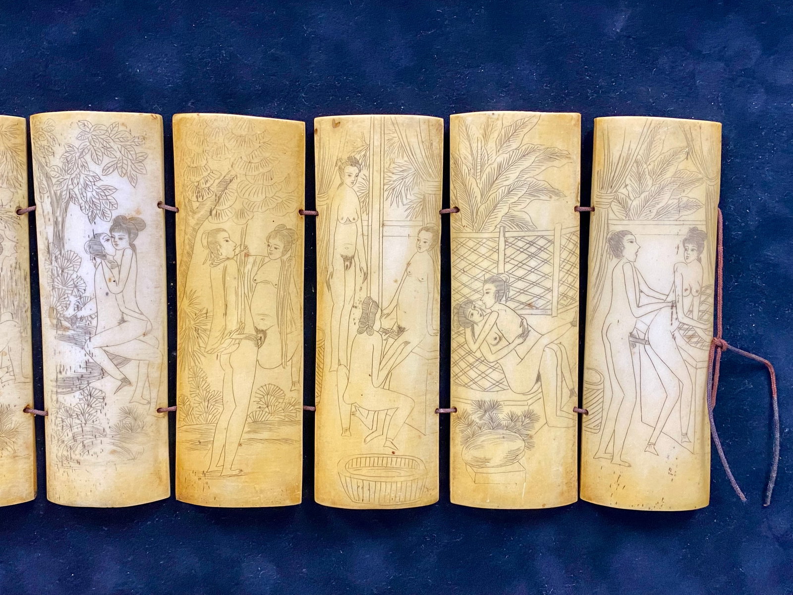 Ten Carved Bone Shunga Panels - 4