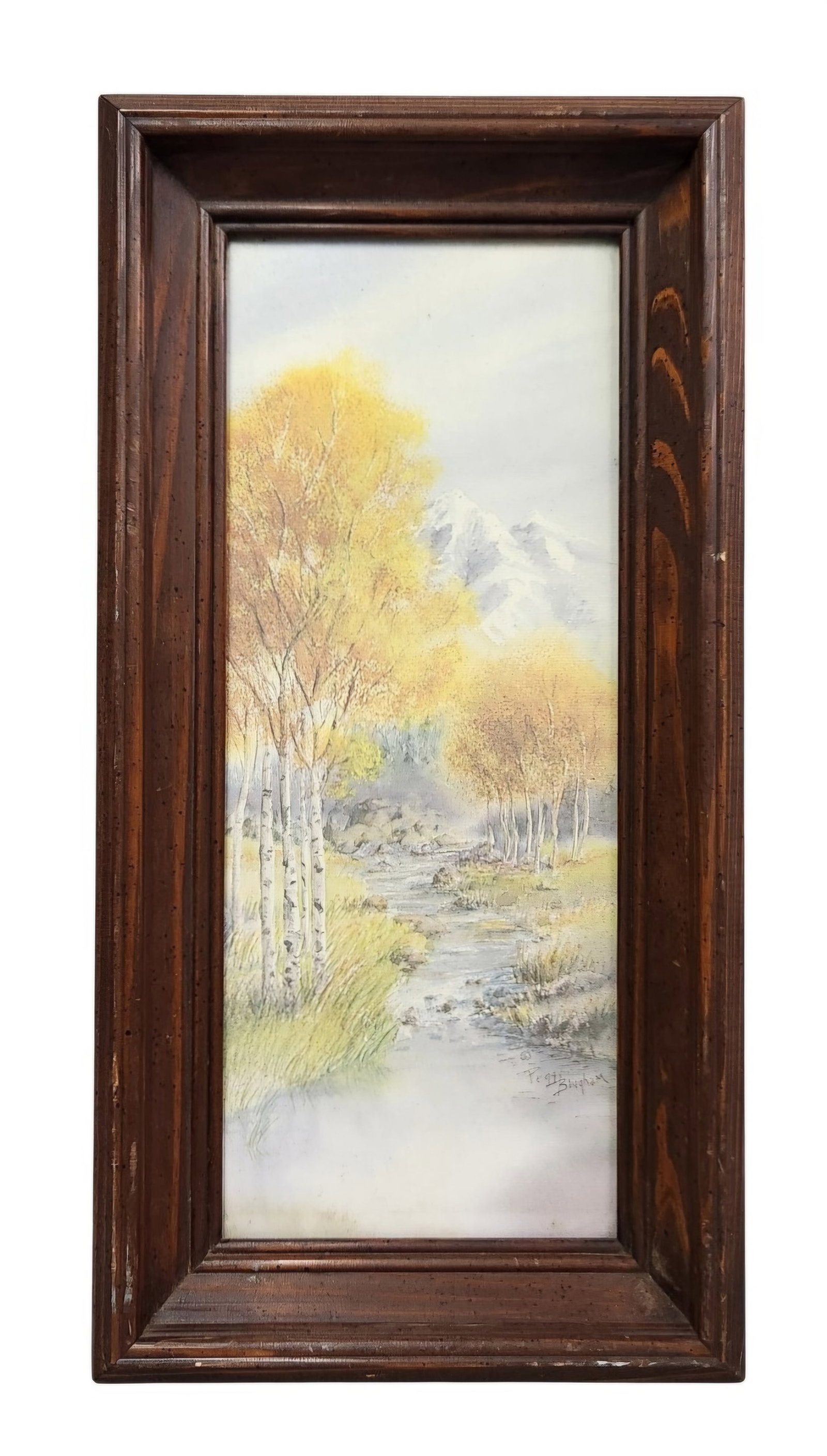 Peggy Bingham Autumnal Mountain Landscape: This vertical offset lithograph, created after an original watercolor by artist Peggy Bingham. Dimensions: 20"x 10" The print is in good condition with light toning consistent with age. The frame