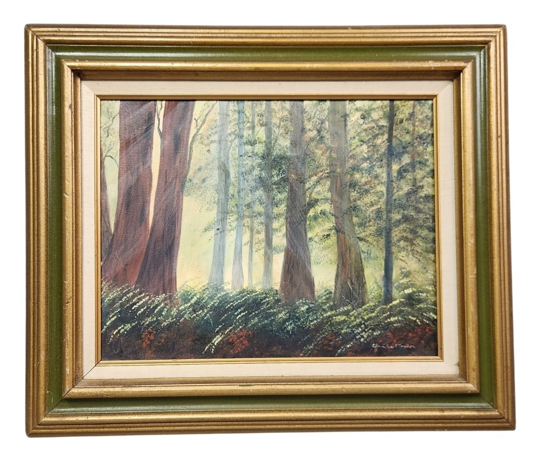 Claudia O'Conner Redwood Forest: This landscape painting is an oil on canvas depicting a serene redwood forest scene. The work is signed in the lower right corner Claudia O'Conner. Measures: 25"x 21" The painting is in good overall