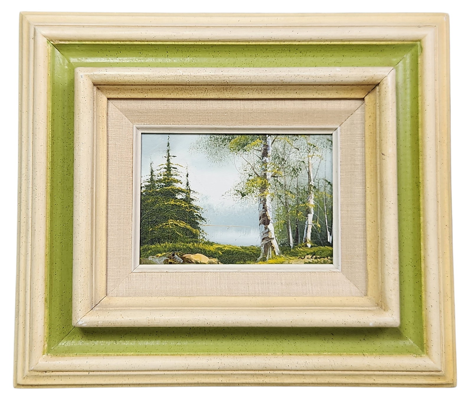 Landscape Oil Painting By Wilson: This mid-20th-century landscape painting, executed in oil on a textured support. The painting is signed Wilson in the lower right corner. Frame: 12.5 x 10.5 inches. The painting and frame appear to