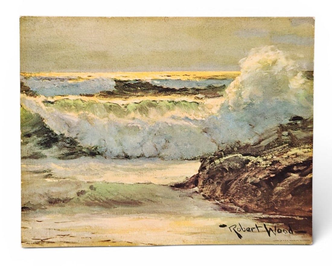 Robert Wood Surfside Lithograph on Board: This mid-century color offset lithographic print on a textured board is titled Surfside and is by artist Robert Wood (American, 1889-1979). The reverse of the board is stamped with identifying informa