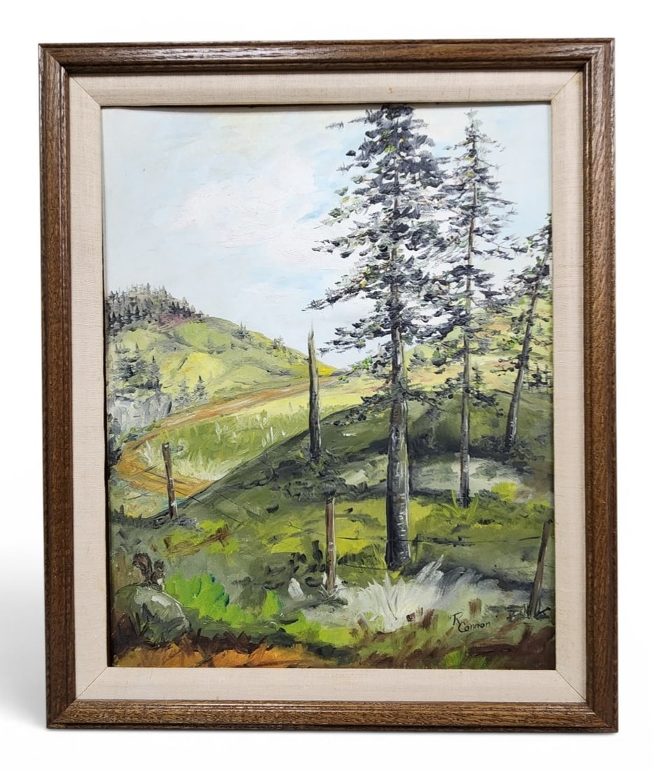 R. Cannon Landscape Oil on Canvas: A framed landscape painting executed in oil or acrylic on canvas. The work is signed R. Cannon in the lower right corner. Dimensions: 24 x 20 inches. The painting is in good overall condition with no